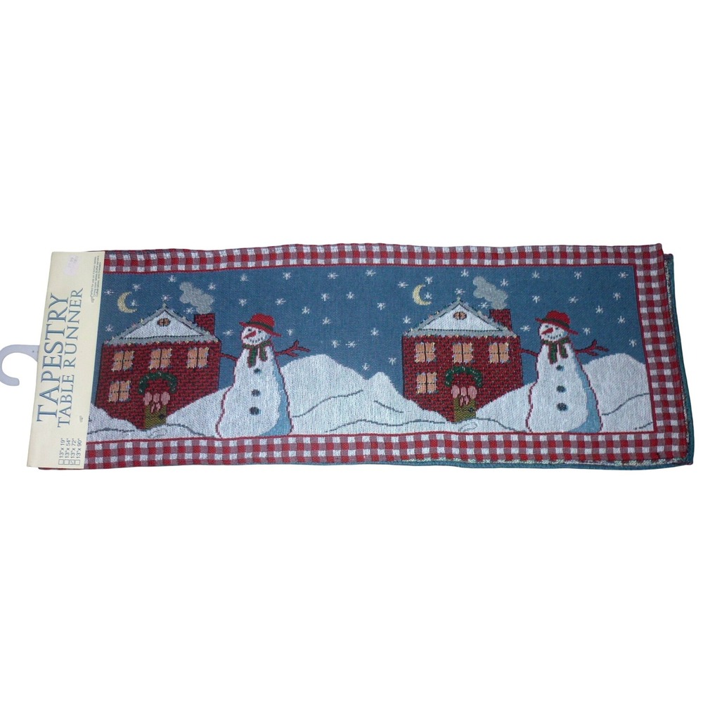 Christmas Snowman Tapestry Table Runner Winter Village Red Gingham 13x72 NEW